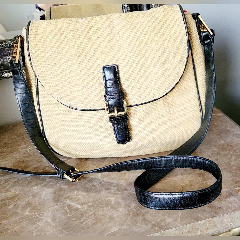 Trina Turk 100%Jute/100%Leather Neutral/Black Crossbody/Shoulder Bag 12"×10"×4"